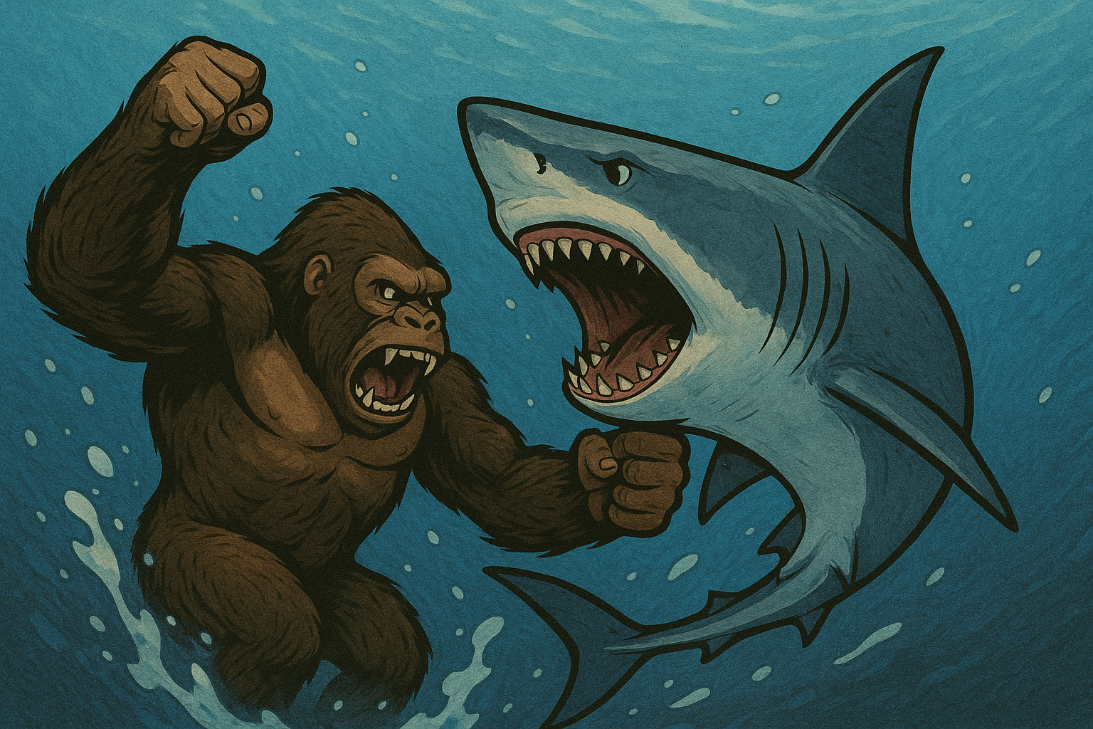Ilustração de gorila enfrentando tubarão.